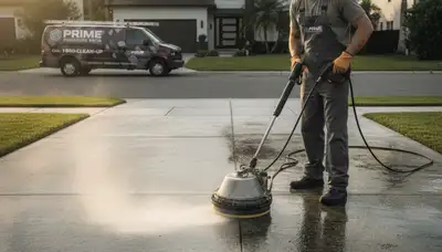 Orlando Paint Pros cleaning concrete driveway in Orlando, FL for a cleaner exterior surface