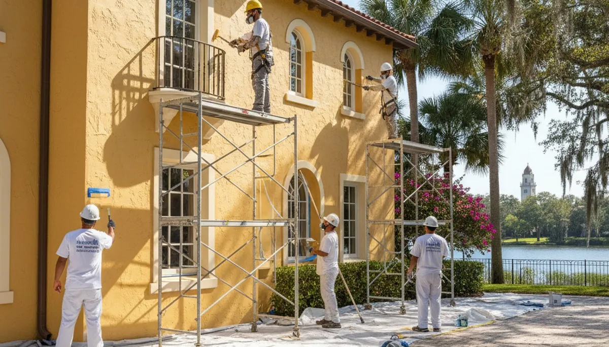 Exterior painting crew in Orlando, FL applying fresh paint to a home exterior