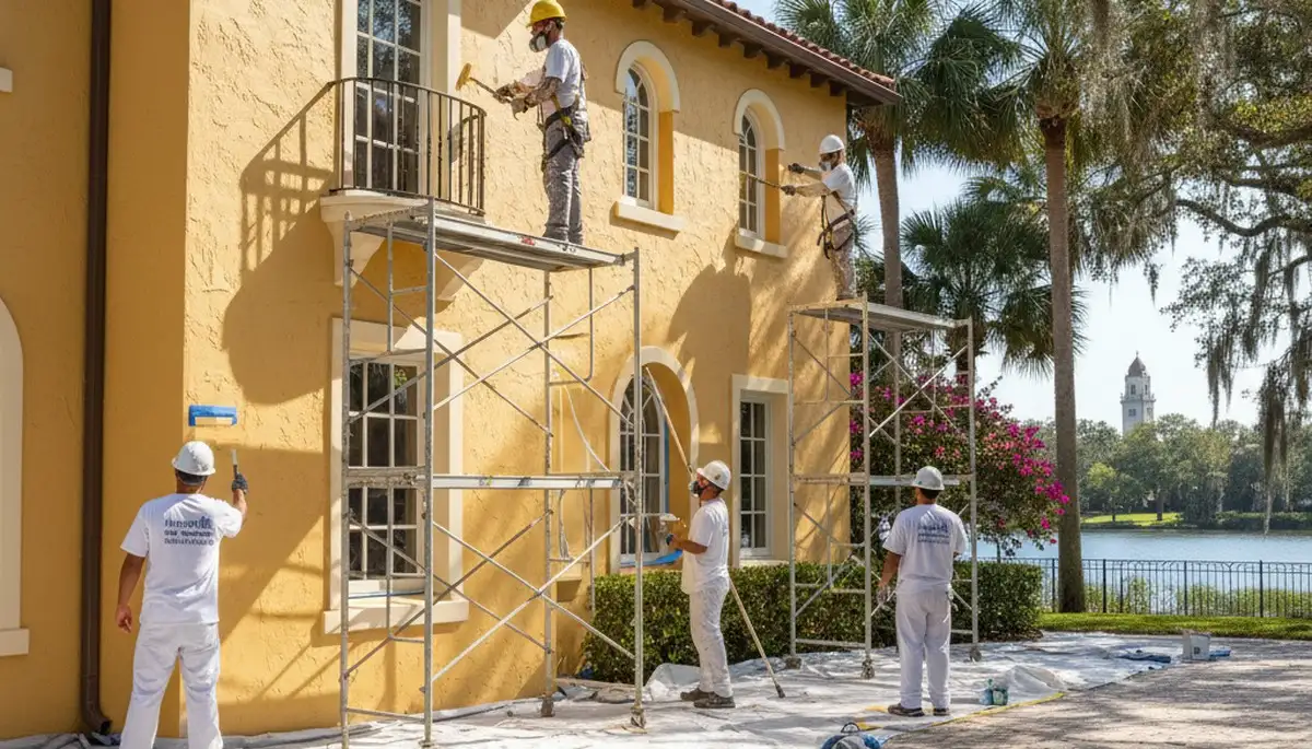 Exterior painting crew in Orlando, FL applying fresh paint to a home exterior
